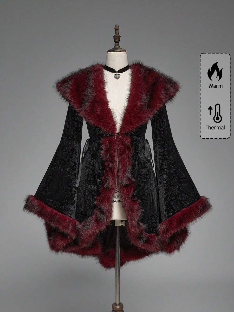 ROMWE Gothic Vintage Patchwork Faux Fur Collar Paisley Velvet Embossed Flare Sleeve Regular Jacket - Black - View 1