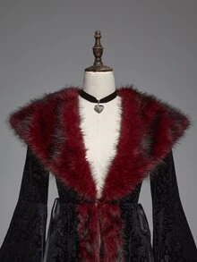ROMWE Gothic Vintage Patchwork Faux Fur Collar Paisley Velvet Embossed Flare Sleeve Regular Jacket - Black - View 8