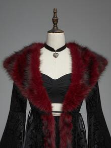 ROMWE Gothic Vintage Patchwork Faux Fur Collar Paisley Velvet Embossed Flare Sleeve Regular Jacket - Black - View 4