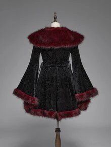 ROMWE Gothic Vintage Patchwork Faux Fur Collar Paisley Velvet Embossed Flare Sleeve Regular Jacket - Black - View 2