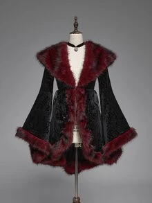 ROMWE Gothic Vintage Patchwork Faux Fur Collar Paisley Velvet Embossed Flare Sleeve Regular Jacket - Black - View 3