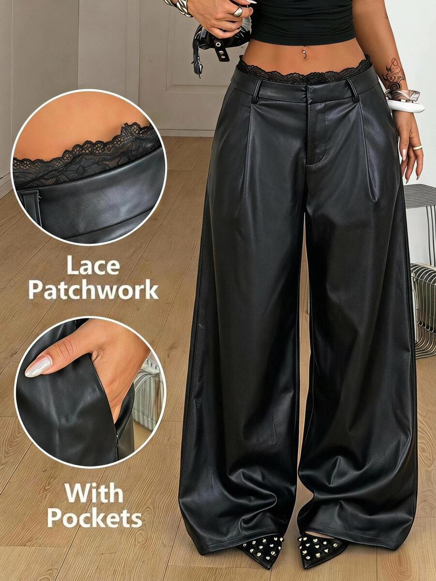 Coolane Women's Lace Trim Casual Versatile Daily Wear Long Pants - Black - View 1
