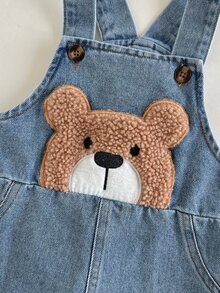 SHEIN 2件組男嬰新生兒時尚卡通可愛熊刺繡牛仔吊帶褲套裝，白色長袖套頭T恤搭配水洗牛仔連身褲，適合返校季、秋冬、聖誕節、萬聖節假日的時尚穿搭 - 藍色 - 查看 7