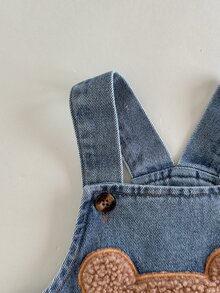 SHEIN 2件組男嬰新生兒時尚卡通可愛熊刺繡牛仔吊帶褲套裝，白色長袖套頭T恤搭配水洗牛仔連身褲，適合返校季、秋冬、聖誕節、萬聖節假日的時尚穿搭 - 藍色 - 查看 8