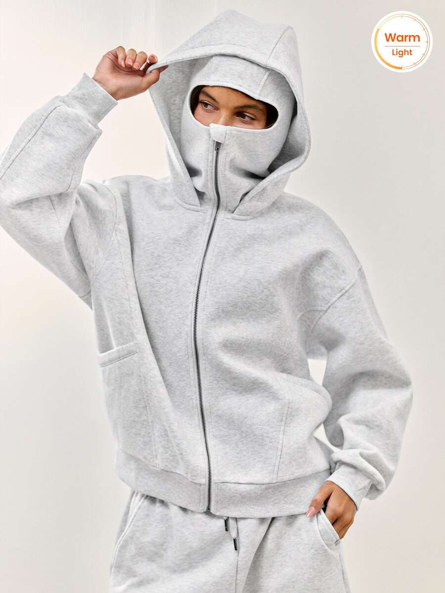 GLOWMODE Everyday Fleece Bundle Up 2合1全拉鍊夾克，附面罩與連帽，臀部長度，日常休閒秋冬穿著 - 黑色 - 查看 1