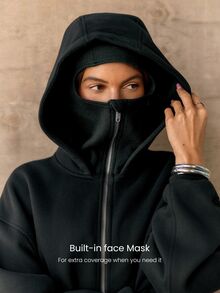 GLOWMODE Everyday Fleece Bundle Up 2-In-1 Full-Zip Jacket With Face Mask & Hood Hip-Length Daily Casual Fall Winter Wear - Black - View 4