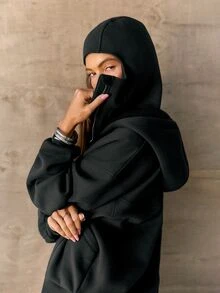 GLOWMODE Everyday Fleece Bundle Up 2-In-1 Full-Zip Jacket With Face Mask & Hood Hip-Length Daily Casual Fall Winter Wear - Black - View 7