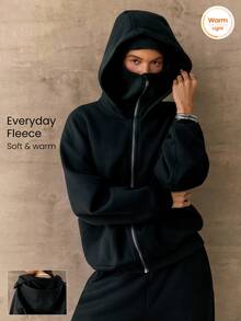 GLOWMODE Everyday Fleece Bundle Up 2-In-1 Full-Zip Jacket With Face Mask & Hood Hip-Length Daily Casual Fall Winter Wear - Black - View 1
