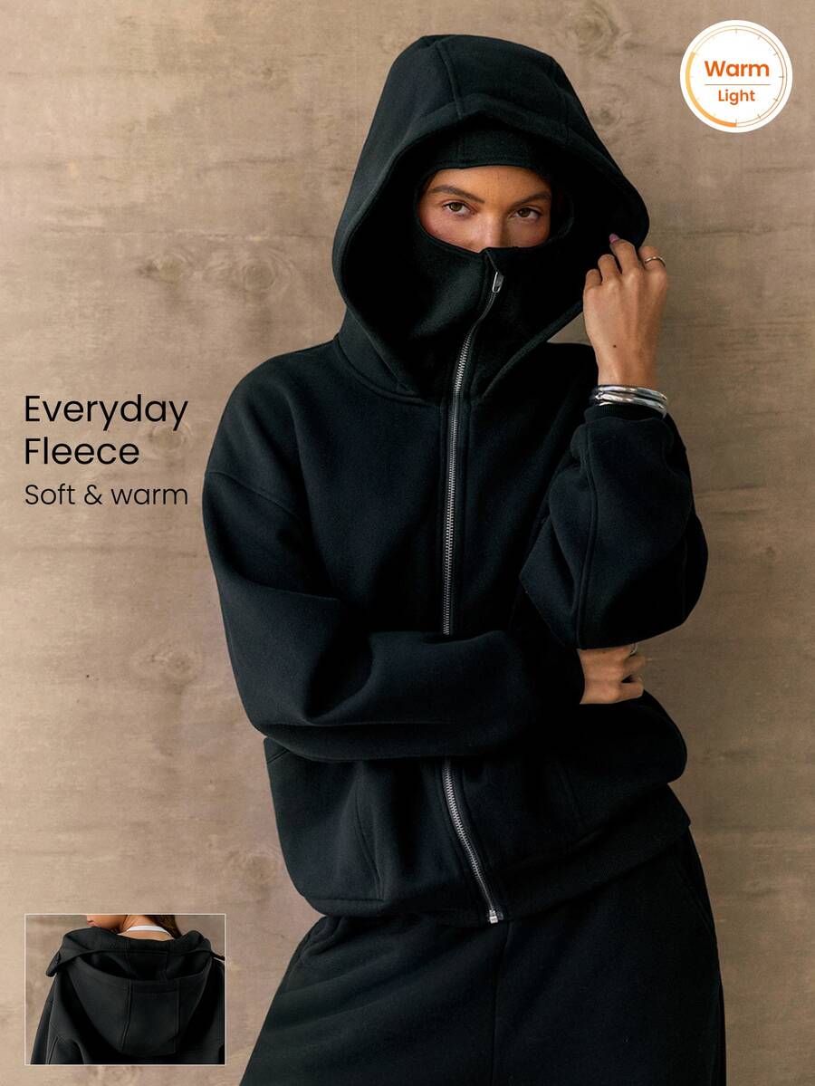 GLOWMODE Everyday Fleece Bundle Up 2-In-1 Full-Zip Jacket With Face Mask & Hood Hip-Length Daily Casual Fall Winter Wear - Black - View 1
