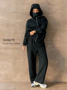 GLOWMODE Everyday Fleece Bundle Up 2-In-1 Full-Zip Jacket With Face Mask & Hood Hip-Length Daily Casual Fall Winter Wear - Black - View 3