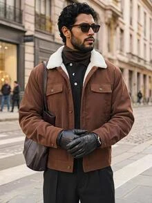 HIMLAND Men's Contrast Color Collar Long Sleeve Single-Breasted Casual 2000s 70s 80s 90s Vacation White And Brown Jacket, For Autumn, Spring, Outdoor, Outdoor - Coffee Brown - View 1