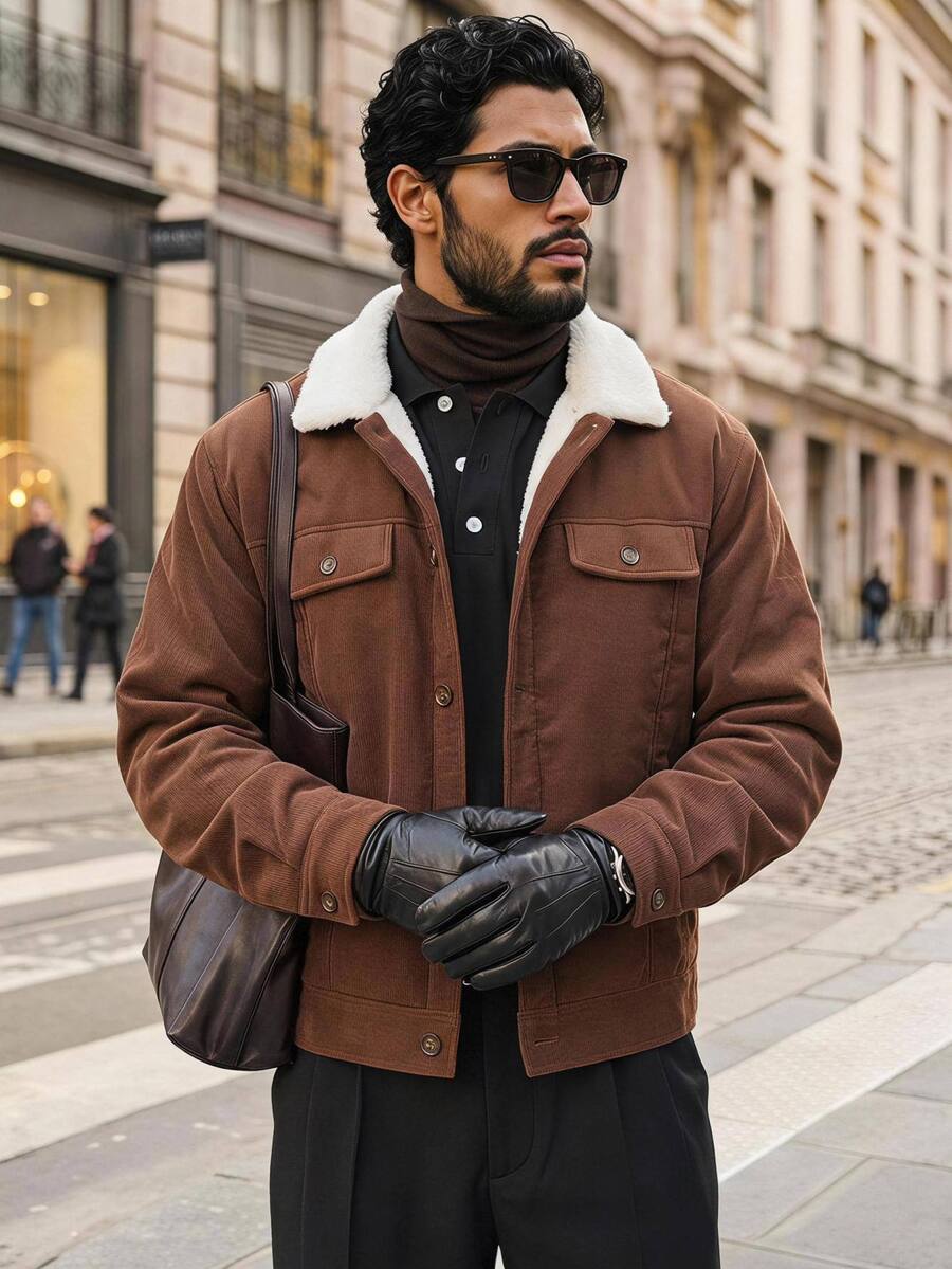 HIMLAND Men's Contrast Color Collar Long Sleeve Single-Breasted Casual 2000s 70s 80s 90s Vacation White And Brown Jacket, For Autumn, Spring, Outdoor, Outdoor - Coffee Brown - View 1