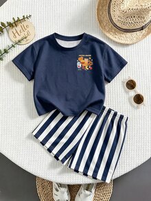Baby Boy Casual Cartoon Print T-Shirt & Striped Shorts Set, Suitable For Summer - Multicolor - View 4