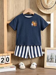 Baby Boy Casual Cartoon Print T-Shirt & Striped Shorts Set, Suitable For Summer - Multicolor - View 2