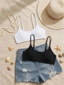 SHEIN Swim 純色比基尼上衣(2件) - 黑與白 - 查看 5