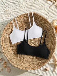 SHEIN Swim 純色比基尼上衣(2件) - 黑與白 - 查看 3
