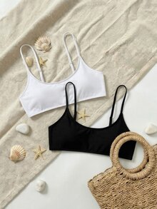 SHEIN Swim 純色比基尼上衣(2件) - 黑與白 - 查看 4