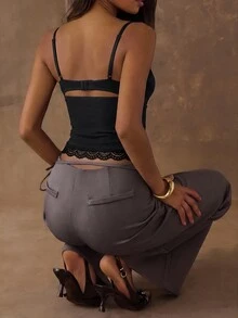 SHEIN BAE 女款性感優雅蕾絲拼接細肩帶背心 - 黑色 - 查看 2