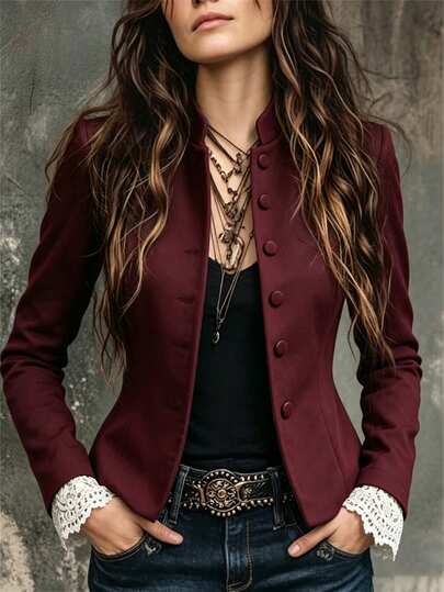 SHEIN This New Autumn Style Burgundy Long-Sleeved Women's Jacket Features White Lace Cuffs And A Fitted Waist, Perfect For Halloween And Christmas.