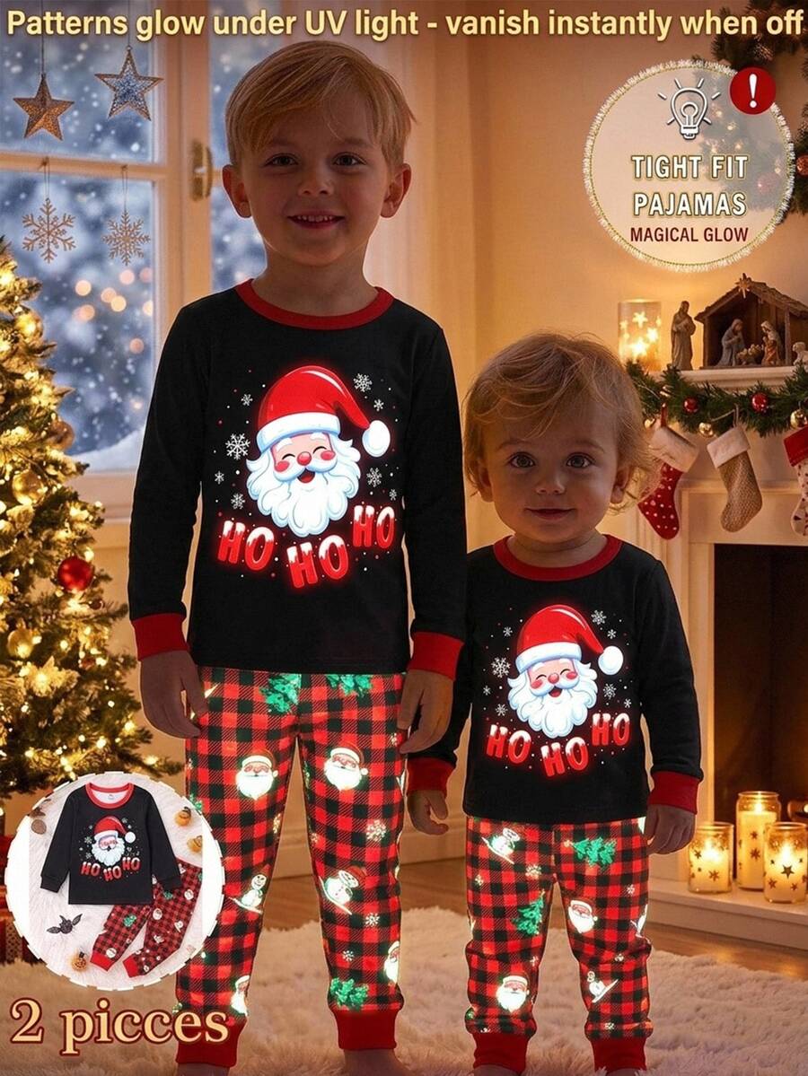 Bubblio Babyboy Cute Casual Fitted Cartoon Pattern Knit Long Sleeve Loungewear Set, Suitable For Christmas, Santa Claus, Christmas Tree