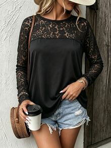 SHEIN LUNE CURVE Women's Plus Size Black Lace Patchwork Long Sleeve T-Shirt Autumn Dinner Date Night Elegant Fall - Black - View 5