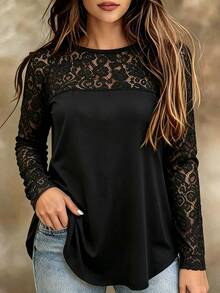 SHEIN LUNE CURVE Women's Plus Size Black Lace Patchwork Long Sleeve T-Shirt Autumn Dinner Date Night Elegant Fall - Black - View 1