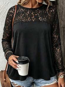 SHEIN LUNE CURVE Women's Plus Size Black Lace Patchwork Long Sleeve T-Shirt Autumn Dinner Date Night Elegant Fall - Black - View 3