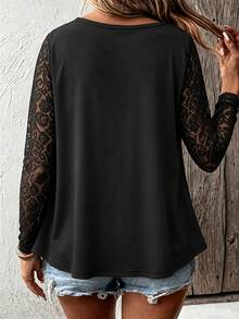 SHEIN LUNE CURVE Women's Plus Size Black Lace Patchwork Long Sleeve T-Shirt Autumn Dinner Date Night Elegant Fall - Black - View 2