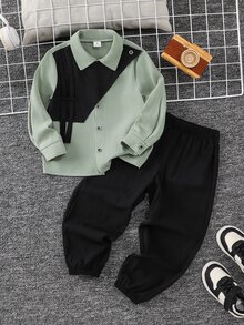 SHEIN 2pcs Kids Young Boy Casual Daily Comfortable Colorblock Contrast Collar 2 In 1 Long Sleeve Button-Down Shirt And Solid Color Long Pants Woven Two Pieces Set - Multicolor - View 1