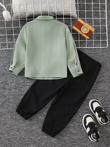 SHEIN 2pcs Kids Young Boy Casual Daily Comfortable Colorblock Contrast Collar 2 In 1 Long Sleeve Button-Down Shirt And Solid Color Long Pants Woven Two Pieces Set - Multicolor - View 2