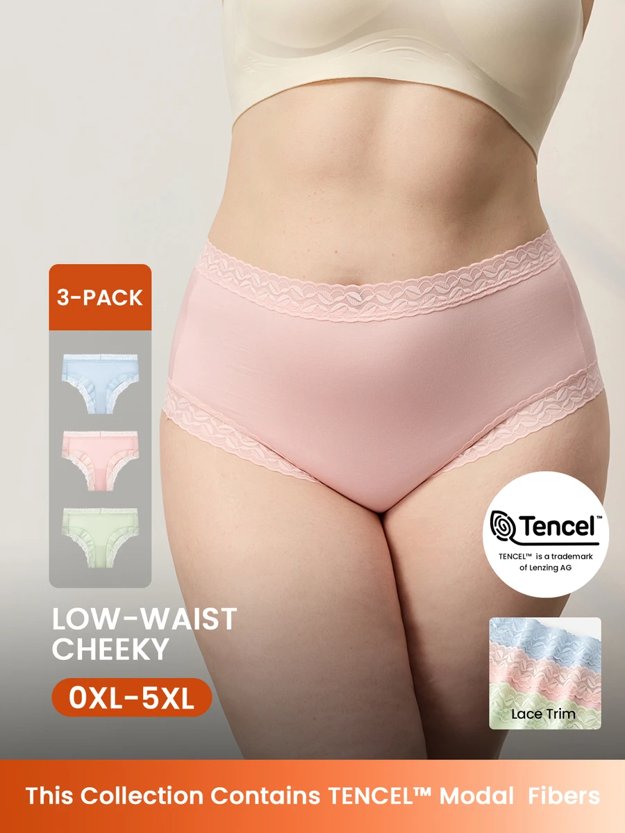 LUVLETTE Plus 3-Pack Set Celana Dalam Wanita Berpinggang Tinggi dengan Hiasan Renda dan Bahan TENCEL™ Modal Model Cheeky - MultiWarna - View 1