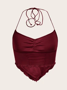 SHEIN ICON Women's Summer Solid Color Pleated Asymmetric Hem Halter Neck Tie Back Cami Tank Top - Burgundy - View 2
