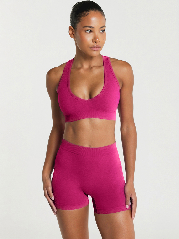 11SKNDS Seamless Racerback Sports Bra With Criss Cross Strappy Back, Adjustable Straps, Yoga Pilates Fitness Active Wear With Sweat-Wicking, Stretchy, Breathable, Buttery-Soft, Low Impact Support & Removable Cups, For Gym Workout Studio, Running, Training & Hy-Rox - Hot Pink - View 7