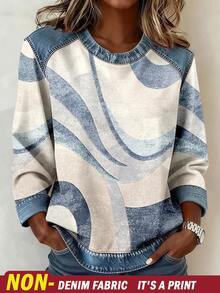 SHEIN Franclia Casual Colorblock Print Round Neck Long Sleeve T-Shirt, Spring/Autumn - Multicolor - View 2