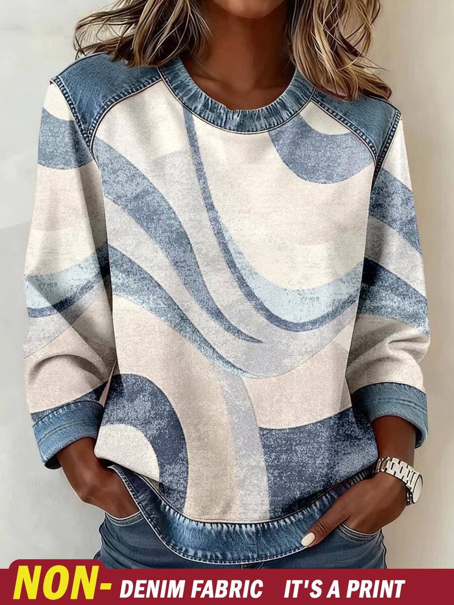 SHEIN Franclia Casual Colorblock Print Round Neck Long Sleeve T-Shirt, Spring/Autumn