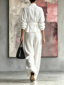 SHEIN Setelan 2 Potong Wanita, Pakaian Kasual Longgar dan Nyaman, Setelan Gaya Cina Elegan untuk Beraktivitas di Luar Rumah, Mirip Linen. - Putih - View 2