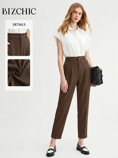 BizChic Women's Coffee Brown Pleated High Waist Straight Leg Cropped Trousers, Tailored Suit Pants, Elegant Casual Business Office Commute, Autumn Halloween Back To School Church Special Occasion Birthday Wedding Guest Party Date Vacation Minimalist
