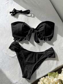 Swim Vcay Spring/Summer Solid Color Strap Jacquard Fabric Wireless Bow Decor Cute Beach Vacation Swimwear Set - Black - View 2