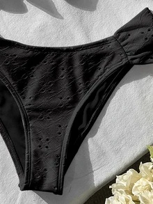 Swim Vcay Spring/Summer Solid Color Strap Jacquard Fabric Wireless Bow Decor Cute Beach Vacation Swimwear Set - Black - View 4