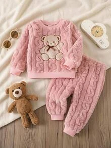LMoss Kids 女童嬰兒卡通熊圖案保暖內裡加厚圓領長袖套頭上衣與鬆緊腰長褲2件套，舒適百搭時尚日常可愛熊圖案簡約百搭風，適合秋冬室內、戶外滑雪、日常、運動、玩耍、派對 - 粉色 - 查看 1