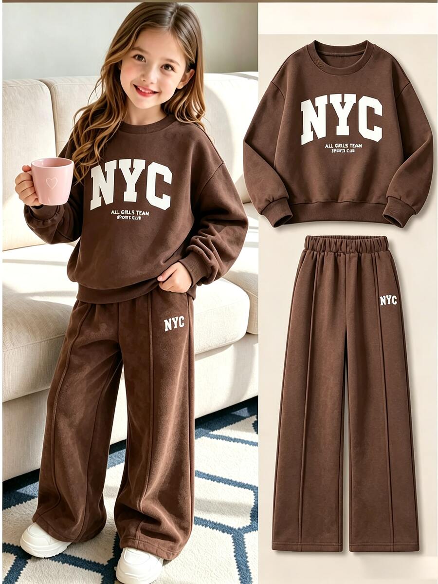 Kids Tween Girls Letter Print Crew Neck Sweatshirt And Sports Wide Leg Pants 2pcs Set Casual Drop Shoulde - Coffee Brown - View 1