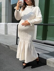 Lyckli Maternity Solid Color Pleated Casual Summer Party Dress Fall - White - View 7