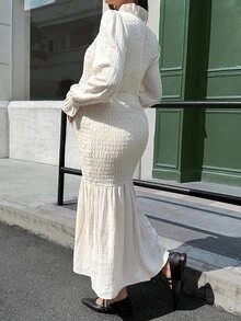 Lyckli Maternity Solid Color Pleated Casual Summer Party Dress Fall - White - View 6
