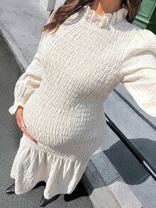 Lyckli Maternity Solid Color Pleated Casual Summer Party Dress Fall - White - View 4