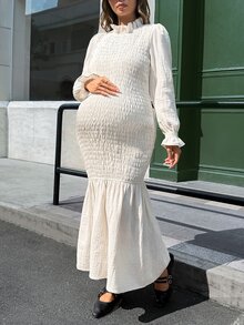Lyckli Maternity Solid Color Pleated Casual Summer Party Dress Fall - White - View 2