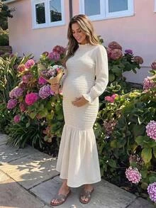 Lyckli Maternity Solid Color Pleated Casual Summer Party Dress Fall - White - View 1