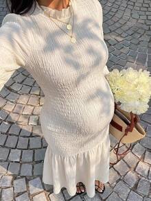 Lyckli Maternity Solid Color Pleated Casual Summer Party Dress Fall - White - View 3