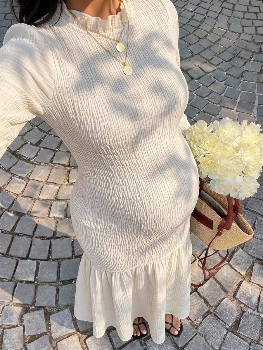 Lyckli Maternity Solid Color Pleated Casual Summer Party Dress Fall - White - View 1