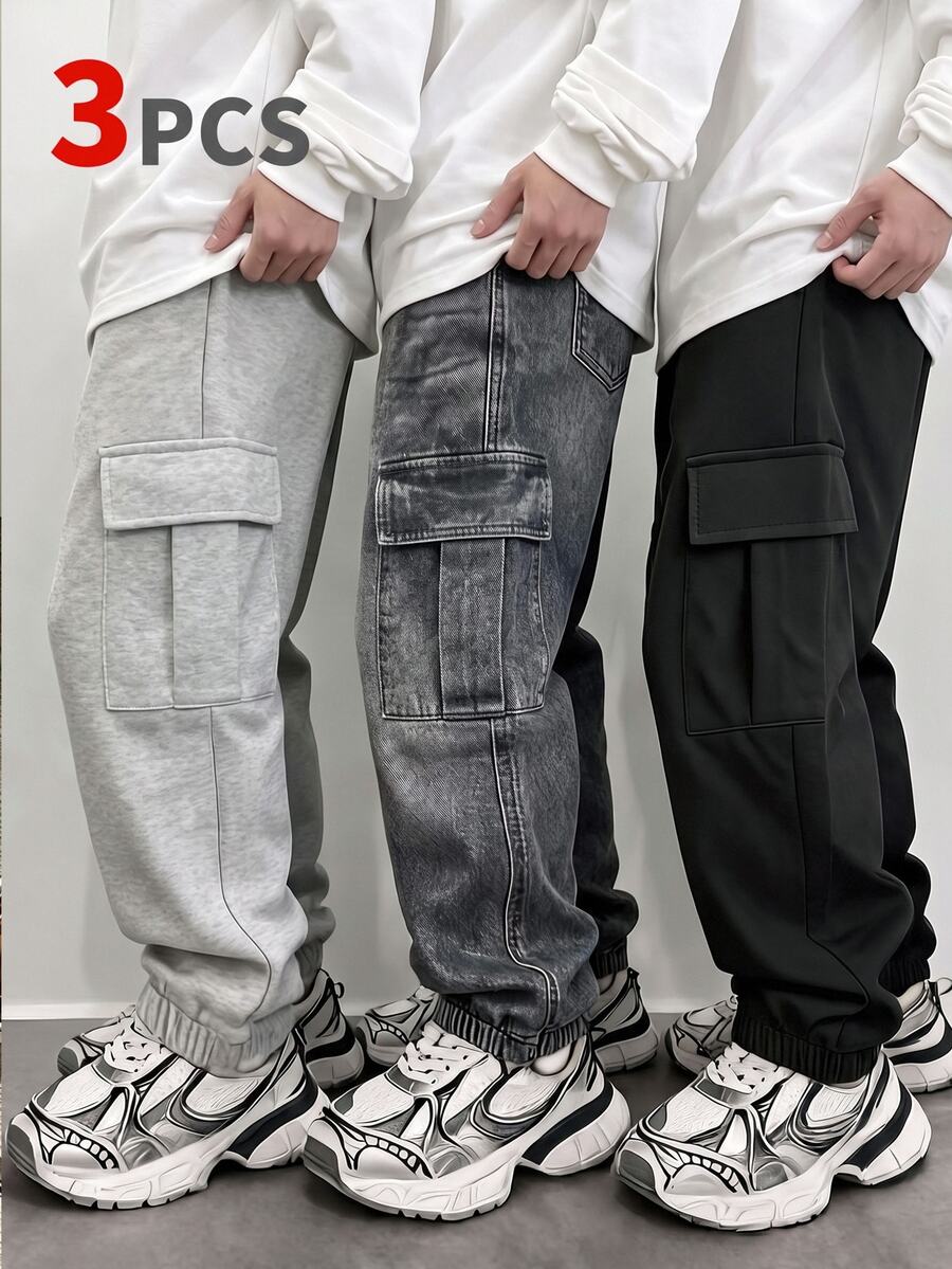 SHEIN Genkimix Kids Young Boy Simple Versatile Cargo Sweatpants 3 Pieces Set - Multicolor - View 1