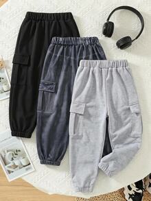 SHEIN Genkimix Kids Young Boy Simple Versatile Cargo Sweatpants 3 Pieces Set - Multicolor - View 3